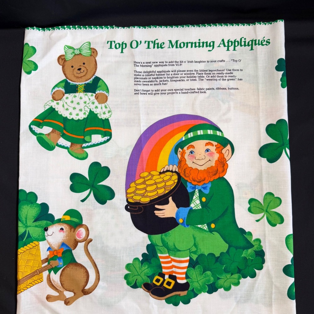 St Patricks‎ Day Fabric Appliqué Panel Vintage Cranston Print Works Leprechaun